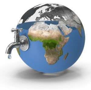 Graphic of earth globe with a water spigot and water drip