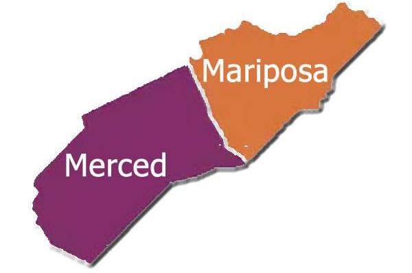 Graphic map cutout of Merced and Mariposa county shapes